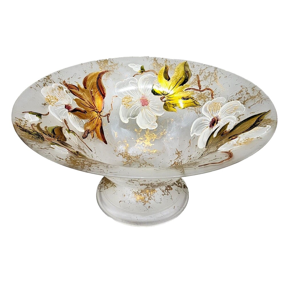 Hand Painted Floral Glass Pedestal Bowl Gold Accents 14 Inch Centerpiece Fruit